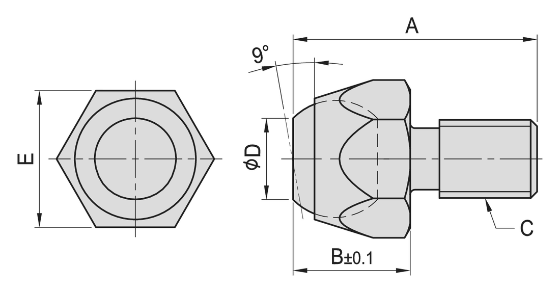 PT01 Smooth Ball End Bolt dimension drawing