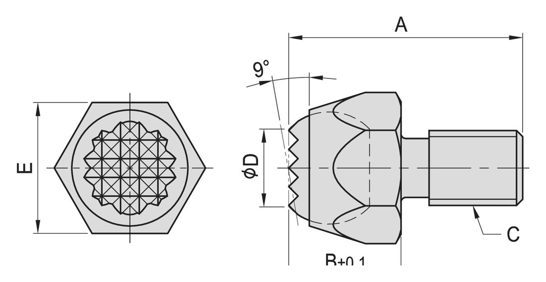 PT02 Serrated Ball End Bolt dimension drawing