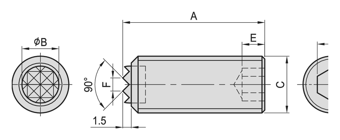 PT18 Gripper Screw (Set Screw Style) dimension drawing