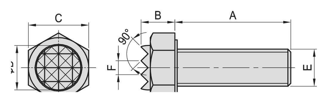 PT19 Gripper Screw (Hex Head) dimension drawing