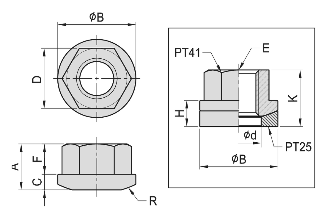 PT41 Swivel Flange Nut dimension drawing