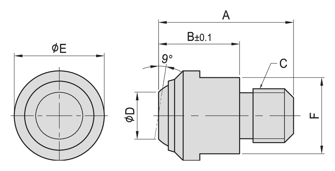 PT50 Smooth Ball End Bolt (Round Body) dimension drawing