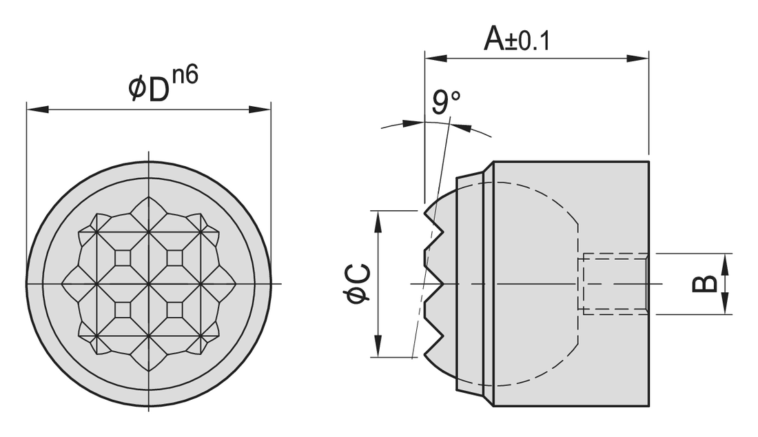 PT53 Serrated Ball End Pad (Press-Fit) dimension drawing